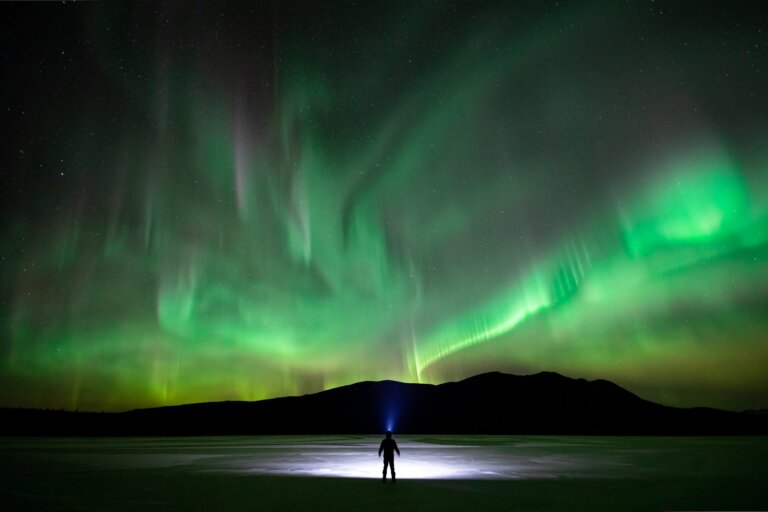 Whitehorse winter activity: A silhouetted figure stares up at the northern lights in Kluane National Park and Reserve, Yukon.